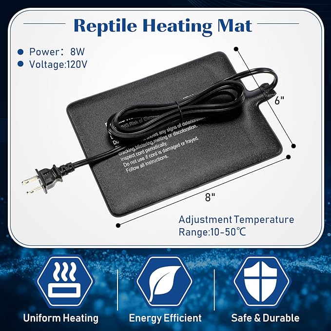 ROCEEI 4 Pcs 6" x 8" Reptile Heat Pad 8W 120V Under Tank Terrarium Heating Mat Heater Waterproof Hermit Crab Heating Pad for Turtle, Lizard, Frog, Snake, 10-20 Gallon Reptile Tank
