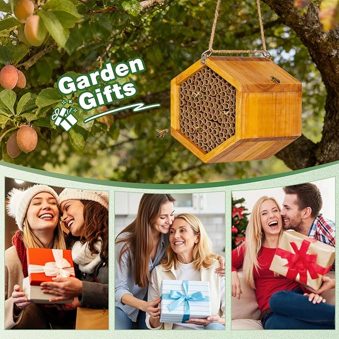 Mason Bee House - Handmade Natural Wooden Bee Hive Coated with Wax for Water-Proof and Long Service Life - Attracts Peaceful Bee Pollinators to Your Garden, Bee Houses for Garden