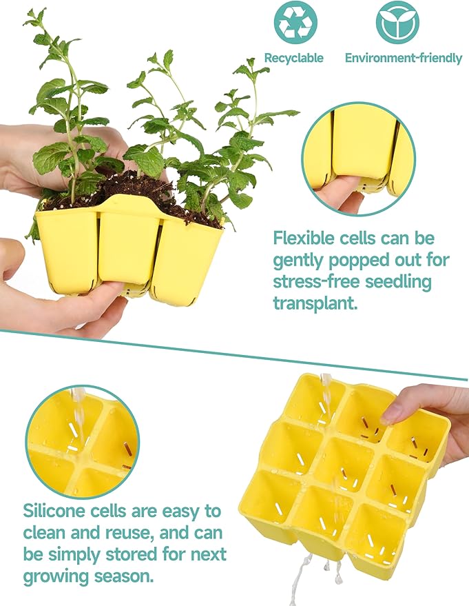 8 Pack Seed Starter Tray, Silicone Reusable Seedling Starter Trays Fit Up to 10" 20" Planting Tray, BPA-Free & Dishwasher Safe, Seed Starting Trays for Vegetable, Flower, Herb (Total 72 Cells)