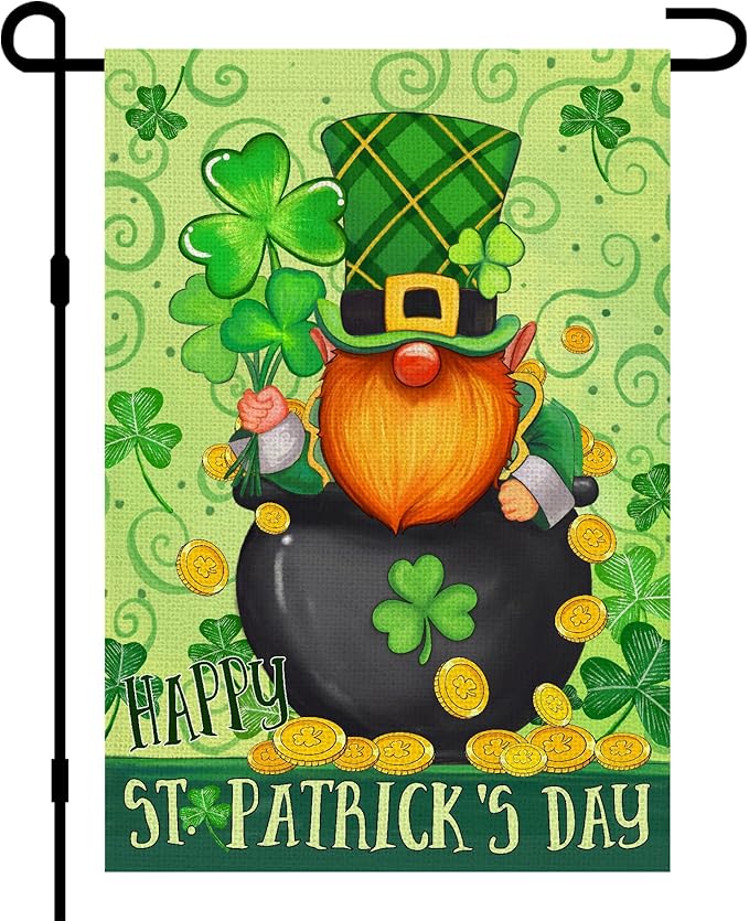 Happy St Patricks Day Gnome Garden Flag Burlap 12x18 Double Sided, Green Leprechaun Hat Shamrock Lucky Clover Holiday Party Sign Small Flags Yard Outdoor Decorations DF656