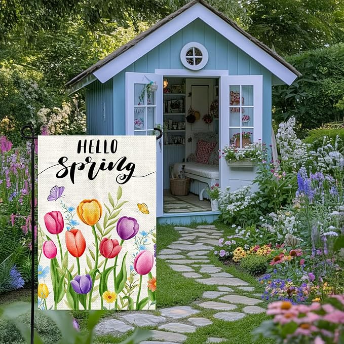 Hello Spring Garden Flag 12x18 Inch, Double Sided Colorful Tulips Flag, Seasonal Flower Yard Outdoor Decoration