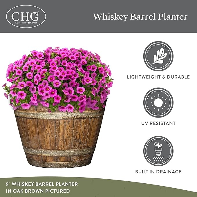 Classic Home and Garden Outdoor Round Whiskey Resin Flower Pot Barrel Planter, Kentucky Walnut Brown, 9" (Pack of 4)