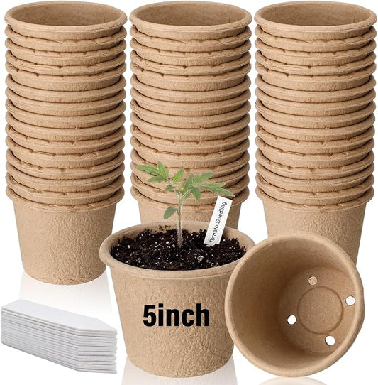 30 Packs 5" Large Biodegradable Seed Starter Pots Organic Planting Peat Nursery Pots with Drainage and Tags Garden Plant Nursery Seed Starting Trays for Seeding Germination