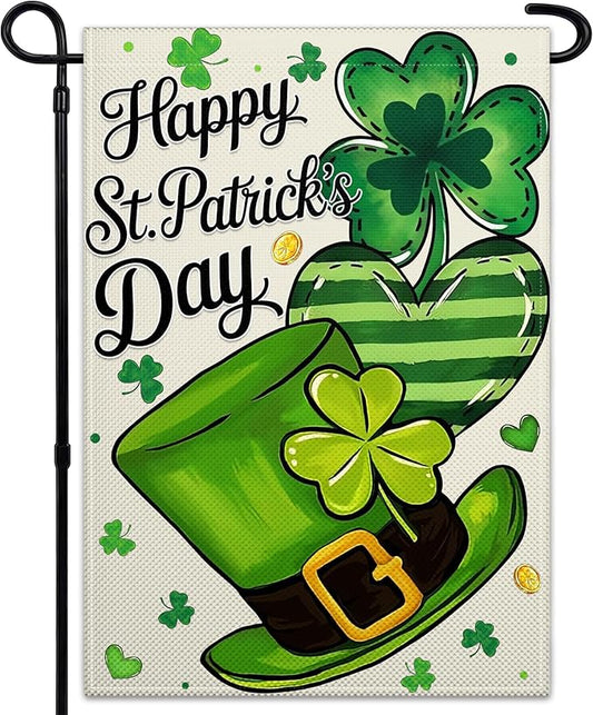Happy St Patrick'S Day Garden Flag 12×18 Double Sided Shamrocks Garden Flag Clover Hat Gold Coins Flag for Outside Yard House Lawn Outdoor Holiday Sign Decor