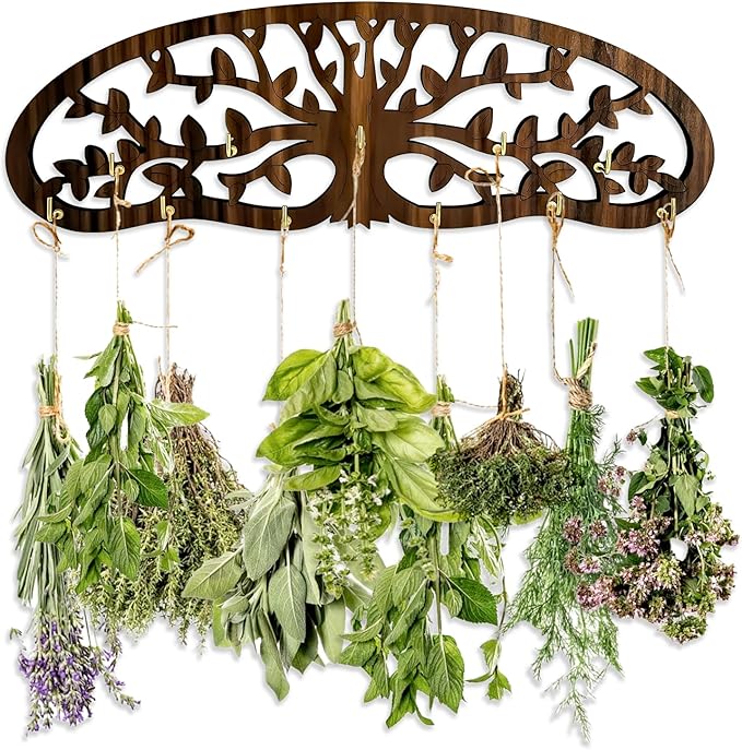 Herb Drying Rack - Wall Mounted Tree Design Holds 11 Bouquets, Space Saving Kitchen Herb & Flower Dryer, Rustic Wooden Hanging Decor for Gardeners, Crafters (dark brown)