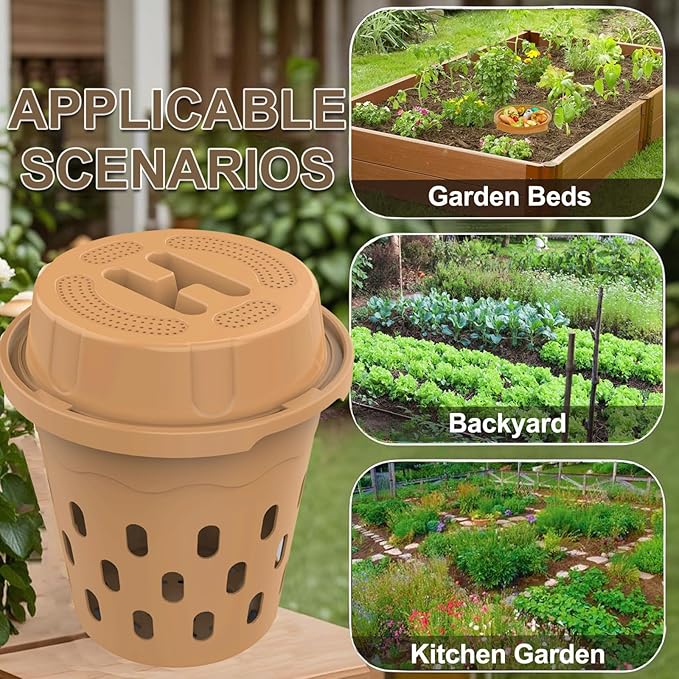 2-Pack InGround Compost Bin for Garden Beds, 8L Worm Composter Farm for Faster Composting, Worm Composter Kit with Aeration, Animal-Proof Lid for Beginners (9.5x9.5x10.8Inch) (2, Gold)