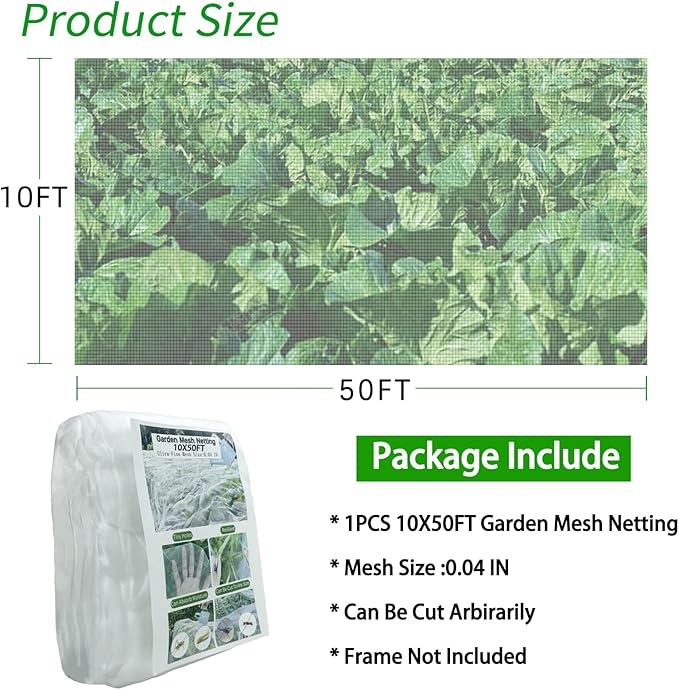 Garden Netting Mesh- 10x50Ft,Plant Covers Protection Ultra Fine Net for Vegetable Plants Flowers Strawberry Crops from Insect Pest Barrier Bug Eating,Insect Netting for Garden