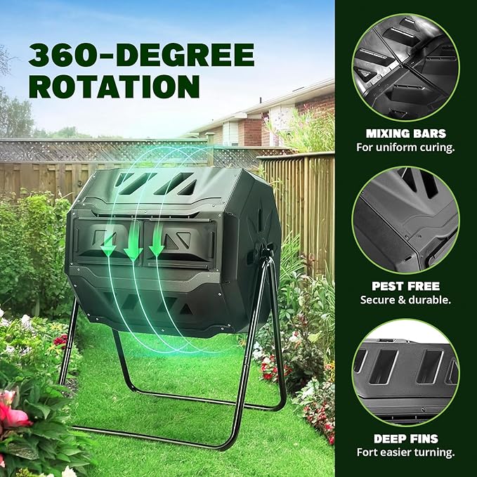Simply Bio 43-Gallon Outdoor Compost Tumbler Bin – BPA-Free Rotating Compost Bin for Garden, Kitchen and Yard Waste, Outdoor Compost Bin Tumbler, Dual Chamber, Black, Weather-Resistant