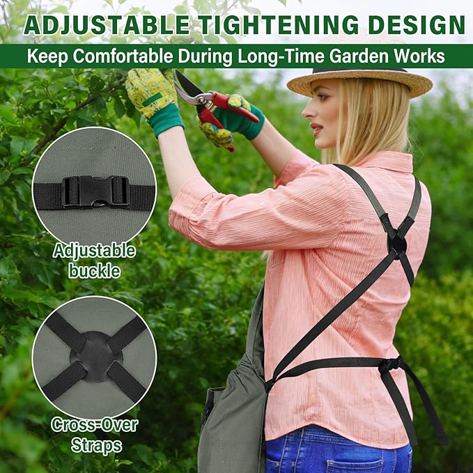 Garden Apron, Gardening Apron with Pockets for Women Men, Canvas Cross Back Harvest Aprons with & Internal Drawstring Bag