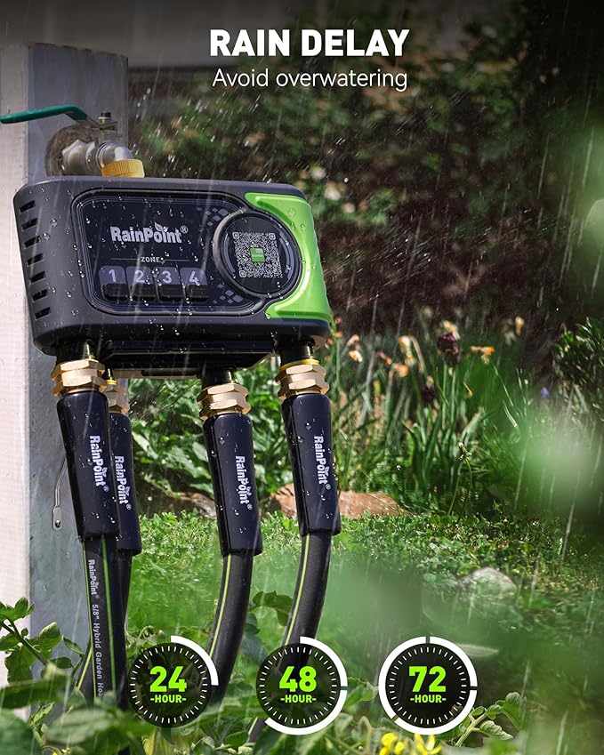 RAINPOINT WiFi Sprinkler Timer 4 Zone, Outdoor Smart Water Timer for Garden Hose with Brass Inlet&Outlet, Custom Programs via APP/Voice Control for Automatic Watering System Without Hub