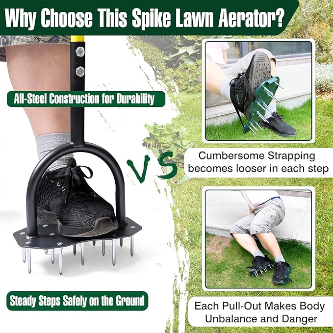Jardineer Lawn Aerator Spike Tool, Updated 36" Metal Aerator Lawn Tool with Longer Spikes, Pre-Assembled Manual Grass Aerator for Lawn Aeration, Soil Aerating