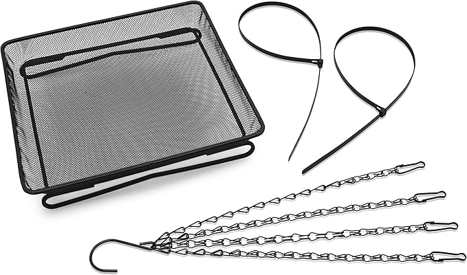 Ground and Hanging Bird Feeder Tray - Can Mount on Patio Handrail - Sturdy Black Metal Mesh Tray - for Wild Bird Seed Feeding - Complete with Re-usable Nylon Ties