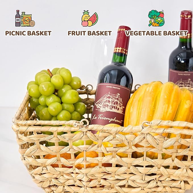 Wicker Picnic Basket with Handles, Wicker Baskets with Wooden Base for Picnic, Camping & Storage Basket