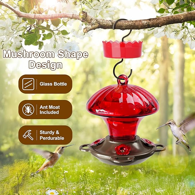 Hummingbird Feeder, Auslar 15 Ounces Glass Hummingbird Feeders for Outdoors Hanging Ant and Bee Proof, Ant Moat & 4 Flower Feeding Ports, Rustproof, Leakproof, Mushroom Shape, Red