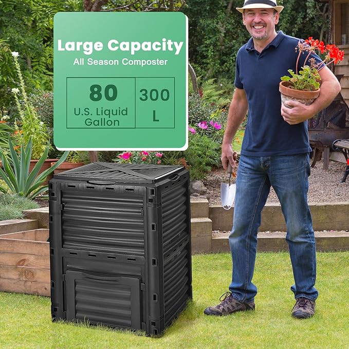Compost Bin Outdoor, 80 Gallon Garden Compost Bin with Top Lid & Bottom Door, Aerating Outdoor Compost Box Waste Container Barrel Fertilizer for Garden & Yard (Black)
