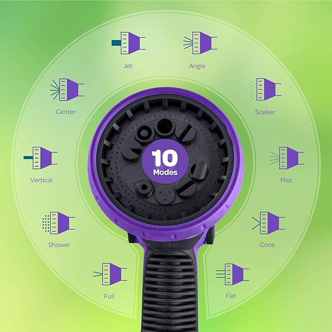 Hose Nozzle [Purple] Heavy Duty Hose Sprayer With 10 Adjustable Watering Patterns. Thumb Control Design, Comfortable Ergonomic Grip, Garden Hose Nozzle for Watering Plants & Lawns/Fun showers/Cleaning