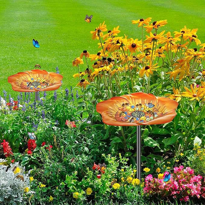 Bee Butterfly Watering Station, 4 Prongs Base Stake Butterfly Bee Feeder for Garden with Glass Marbles, Bee Bath with Vivid Flower Design for Garden Yard Patio Decor (Orang Yellow)