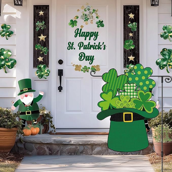 Heyfibro St Patrick's Day Garden Flag Banner Double Sided 13.4x18.9 Inch Shamrocks Green Hat Garden Flag Clover Yard Flags for Outside House Farmhouse Holiday St Patricks Outdoor Decorations