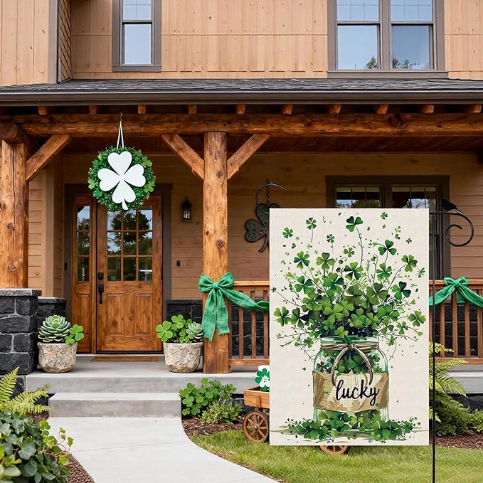 Lucky St. Patrick's Day Green Shamrocks Four-leaf Clovers Glass Bottle Garden Flag Yard Flag 12x18 Inch Double Sided Small Mini Yard Outdoor Outside Holiday Decoration