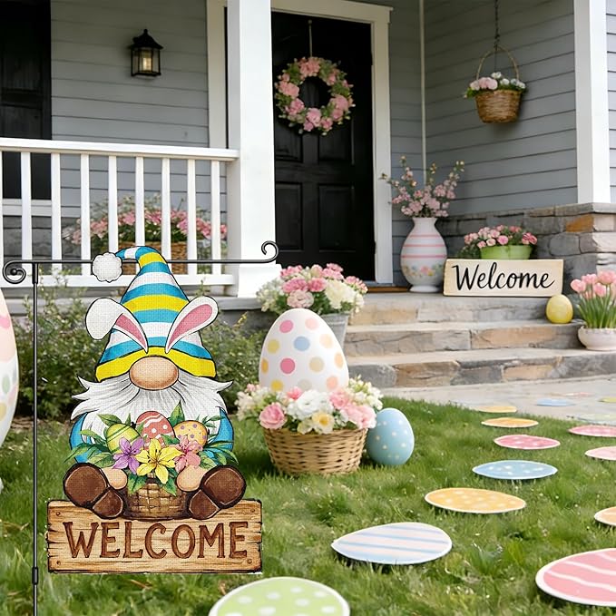 Heyfibro Welcome Easter Garden Flag Banner Double Sided 12.6x18.9 Inch Bunny Gnome Garden Flag Small Yard Flags for Outside House Farmhouse Holiday Easter Outdoor Decorations