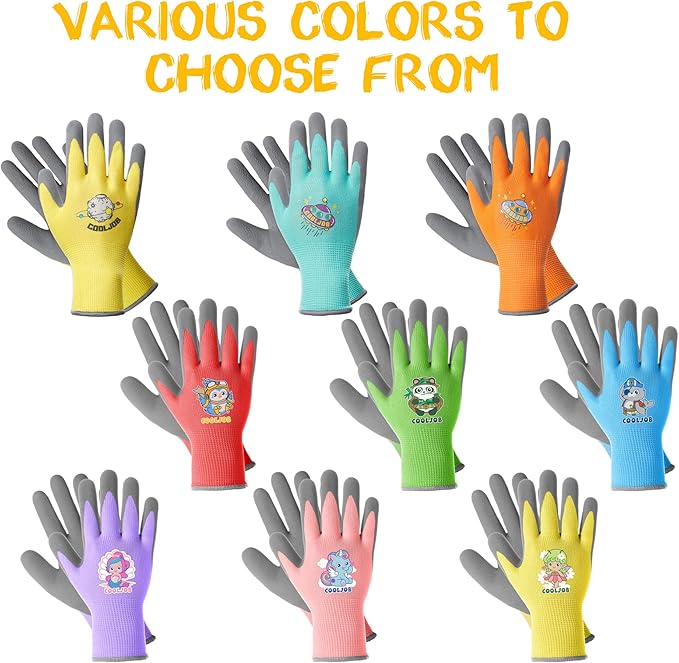 COOLJOB 3 Pairs Kids Gardening Gloves for Age 6-8, Children Toddlers Boys Grippy Rubber Coated Work Gloves, Red & Green & Blue (Explorer, Medium M)