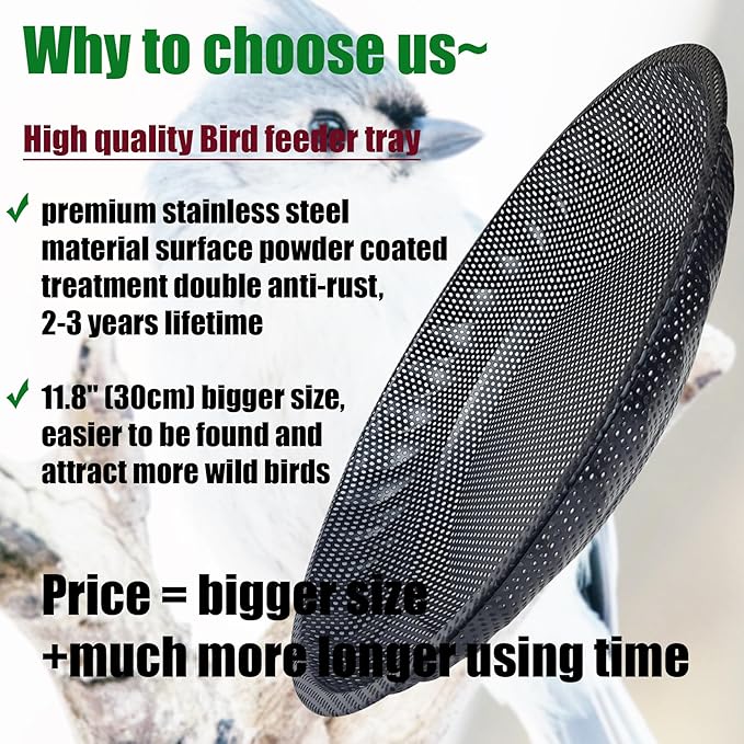 Wall Mounted Bird Feeder Tray,11.8" Stainless Steel Large Fence Tree Mount Birds Feeder for Outside Wild Birds, Table Mountable Platform Bird Feeder Mesh Seed Tray with Hanging Hook