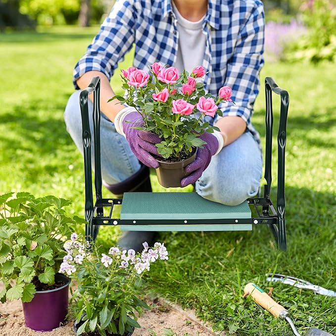 LEMY 2 in 1 Garden Kneeler and Seat - Portable Heavy Duty Folding Garden Stool for Women Men Seniors, w/EVA Foam Kneeling Pad, Removable Tools Pouches, Steel Frame,No Assembly