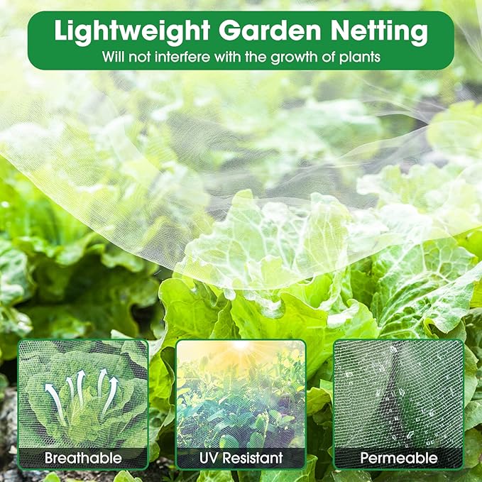 Unves Garden Netting, 10' x 50' Ultra Fine Mesh Bird Netting for Garden, Insect Mosquito Net for Patio Protection, Pests Bugs Plant Covers for Vegetable Plants Fruit Trees Berry Bushes Raised Beds