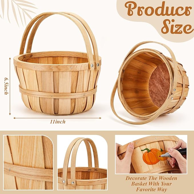 Marsui 10 Pcs Large Wooden Easter Gift Basket 11 x 6.5'' Wicker Apple Fruit Bushel Baskets with Handle for Garden Storage Organizing Farmers Personal or Commercial Use