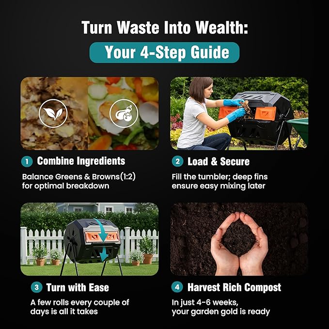 OLIXIS Compost Bin Outdoor 43 Gallon, Dual Chamber Composter Tumbler Outdoor with Gloves, Efficient 360°Rotating Composting Bin for Patio, Lawn, Home Gardening and Landscape, Black/Orange