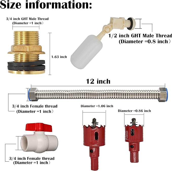 Rain Barrel Collection Kit - Prevent Overflow, 3/4" Bulkhead Fitting, Garden Hose Adapter, Float Valve, Spigot