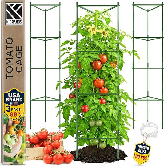 K-Brands Tomato Cage - Tomatoes Plant Stakes Support Cages Trellis for Garden and Pots (3 Pack - Extra Tall Upto 68 inches)
