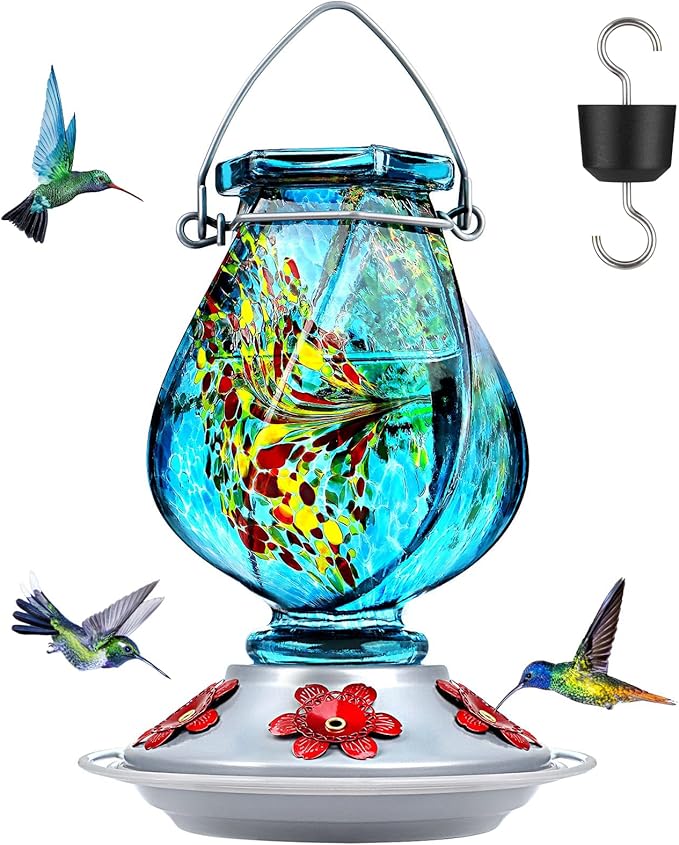 BOLITE Hummingbird Feeder, Hand Blown Glass Hummingbird Feeders for Outdoors Hanging, with Ant Moat and 5 Feeding Ports, 22 Ounces, Blue, Birthday Gifts for Women Men, Gifts for Mom Dad