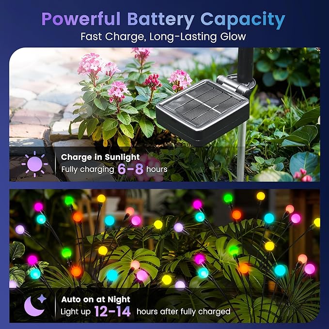 Solar Garden Lights Swaying, 20 LED Firefly Lights Outdoor Waterproof, Garden Decor Solar Lights Outdoor for Yard Porch Patio (2 Pack Multi-Colored)