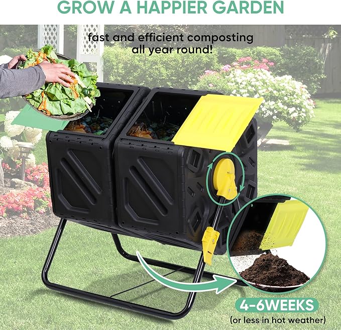 37 Gallon Compost Bin Outdoor BPA Free Dual Chamber Tumbling with 2 Sliding Doors, All-Season, Heavy-Duty, High Capacity Composter