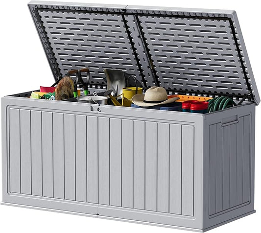 Devoko 260 Gallon Double-Wall Deck Box with Divider, Side Handles, Resin Outdoor Large Storage Box Waterproof and Lockable for Patio Furniture, Garden, Pool (Grey, 260 Gallon)