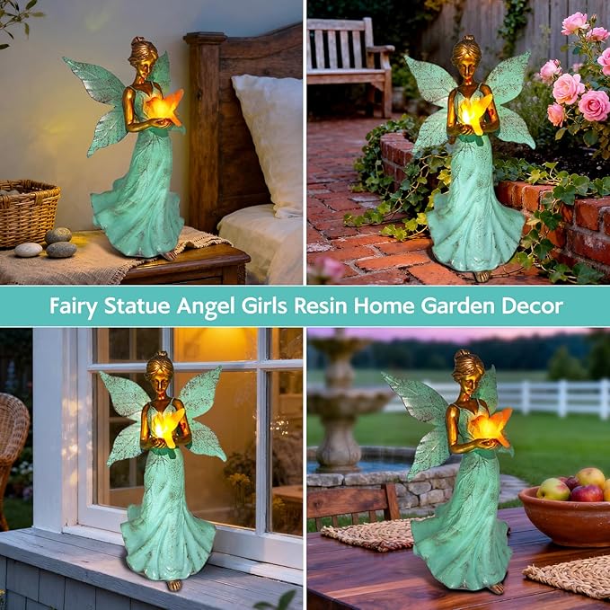 Solar Fairy Garden Statue Decor - 10 Inch Angel Statue Girls Resin Waterproof Home Decoration with Hummingbird LED Lights for Bedroom Balcony Table Yard Patio, Gifts for Women Mom Grandma Birthday