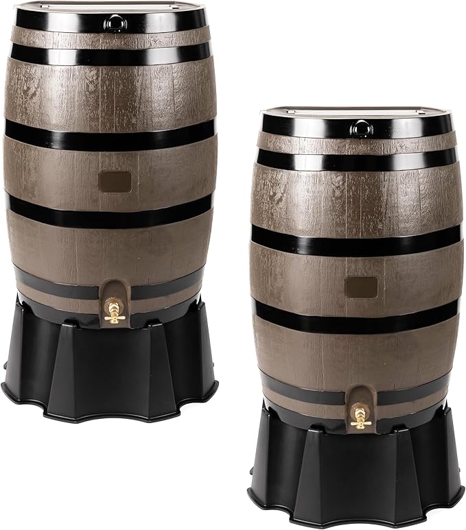 RTS Home Accents 50-Gallon Rain Barrel, Flat Back Rain Water Collection Barrel, Stand and Link Kit Included, Woodgrain with Black Stripes (2 Pack)