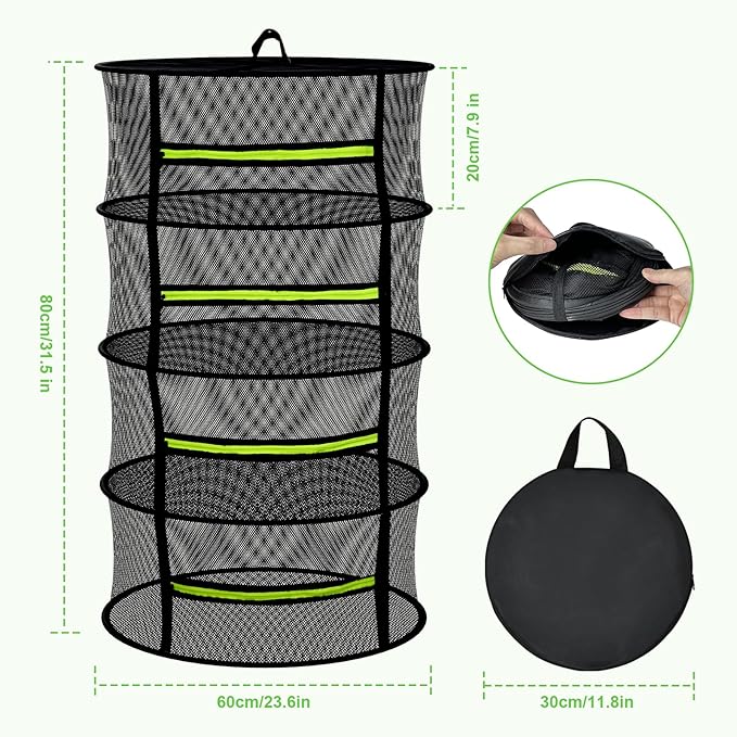 Herb Drying Rack Hanging-4 Layer, Plant Drying Rack, Bud Drying Net,Foldable Hanging Dry Rack Net with Green Zipper, Garden Shears & Hooks, for Herbs, Seeds Indoor/Outdoor (23.62")