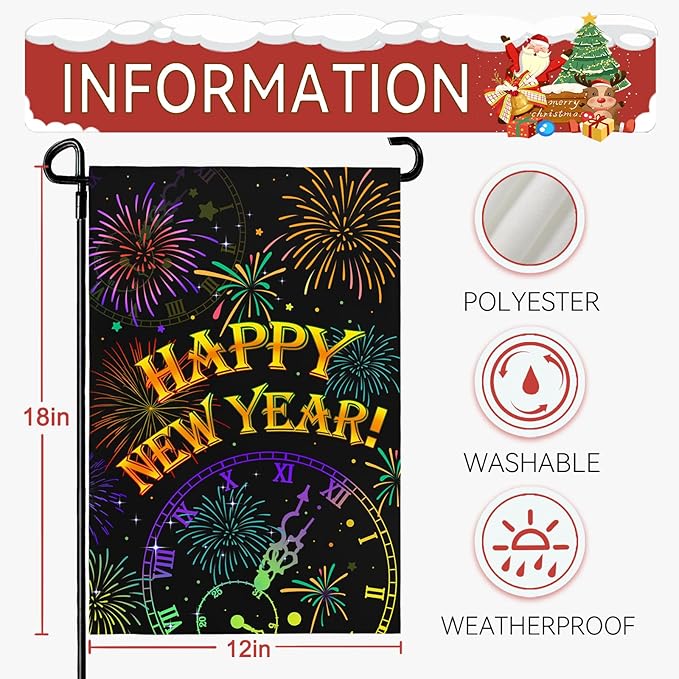 Happy New Year Garden Flags Firework Sparkle Night Sky Yard Flag 12x18 Inch Double Sided New Year Decorations for Outside lawn Celebrate Party Flag