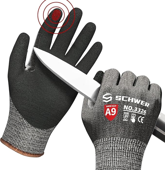 Schwer ProGuard High Level Cut Resistant Work Gloves PR3326 for Extreme Protection，ANSI A9 Cut Gloves with Reinforced Thumb, Non Slip, Breathable, Durable, Touch-screen, Black 1 Pair（XL）