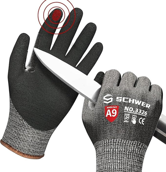 Schwer ProGuard High Level Cut Resistant Work Gloves PR3326 for Extreme Protection，ANSI A9 Cut Gloves with Reinforced Thumb, Non Slip, Breathable, Durable, Touch-screen, Black 1 Pair（XL）