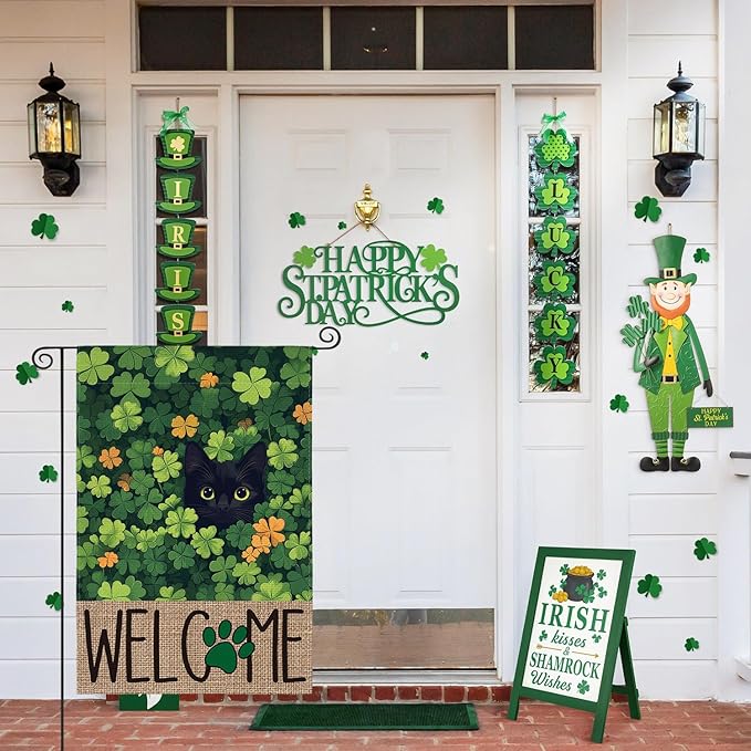 AVOIN colorlife St Patricks Day Garden Flag 12x18 Inch Double Sided Outside, Black Cat Welcome Shamrocks Holiday Yard Outdoor Flag