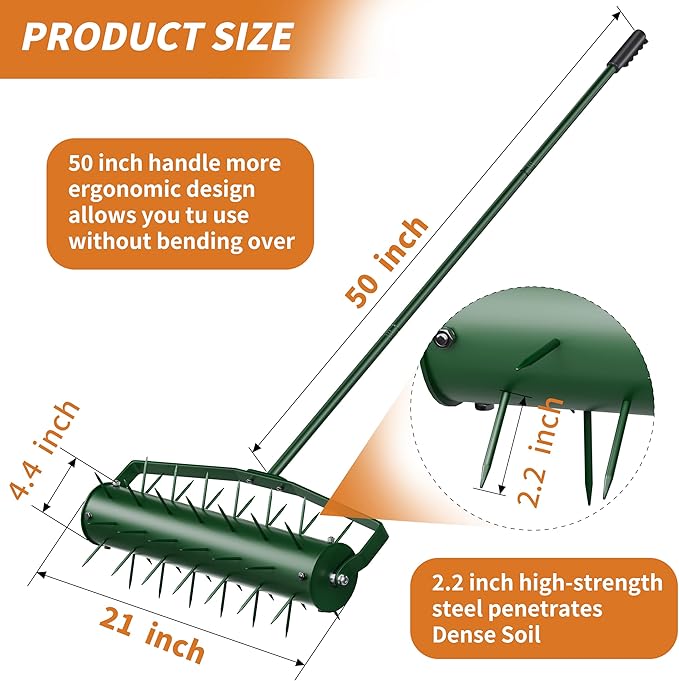 21” Lawn Aerator, Heavy-Duty Manual Lawn Aerator Tool with 50” Metal Handle for Lawn Care, Grass Aerator Lawn Aeration Machine for Garden, Yard, Cropland to Loose Soil