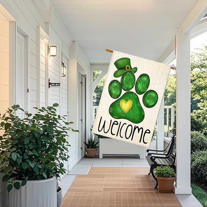 Welcome St Patricks Day House Flags for Outdoor Decoration, Dog Paw with Green Hat Lucky Shamrocks Large Yard Flag, Decorative Irish Celebration Decor for Seasonal Farmhouse Holiday Outside