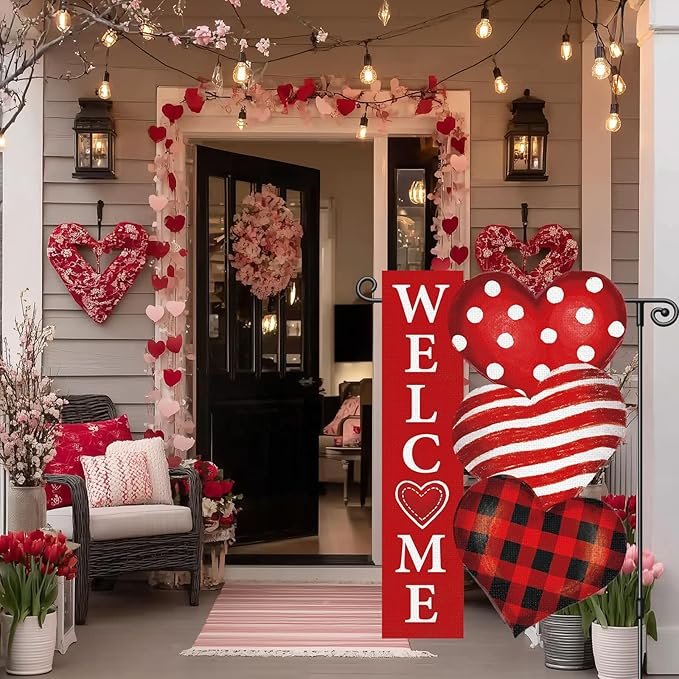 Heyfibro Valentine's Day Garden Flag Valentine Outdoor Decorations Double Sided 12x18inch Love Heart Banner Yard Flags for Outside Anniversary Wedding Party Holiday House Seasonal Decoration