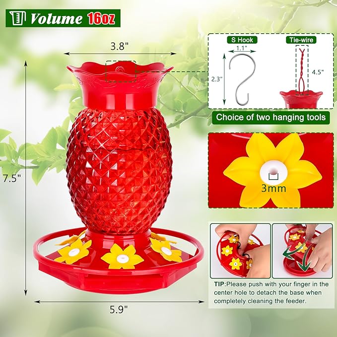 Glass Hummingbird Feeders for Outdoors Hanging Ant and Bee Proof 16OZ 1 Pack Red Pineapple Humming Bird Feeder with 6 Feeding Ports and Ant Moat Hummingbird Gifts for Women Garden Decor