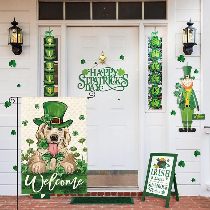 AVOIN colorlife St Patricks Day Green Hat Dog Garden Flag 12x18 Inch Double Sided, Lucky Shamrock 17 March Welcome Yard Outdoor Flag