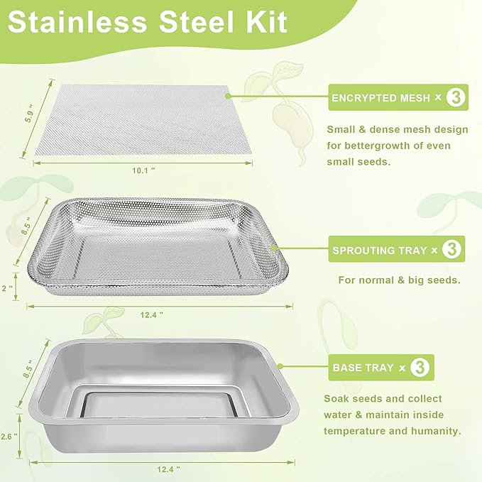 Stainless Steel Sprouts Growing Kit 3-Tier 12.4 inch Trays, Microgreens Growing Kit, Seed Sprouting Tray with Encrypted Mesh Sprouts for Beans Alfalfa Broccoli Wheat Grass