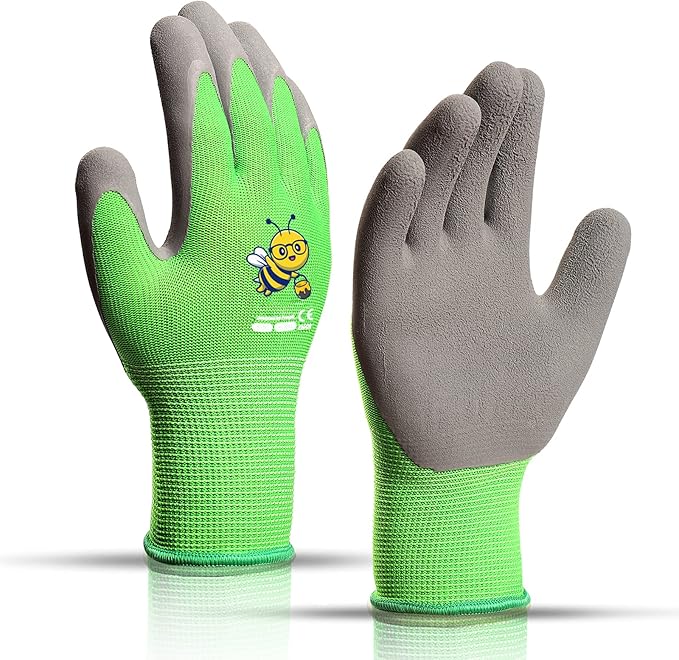 Ages 5-7 Kids Gardening Gloves,Yard Work Gloves for Toddlers, Youth, Girls, Boys, Childrens, Soft Safety Rubber Gloves (XXS Age 5-7, 1 Pair Green Bee)